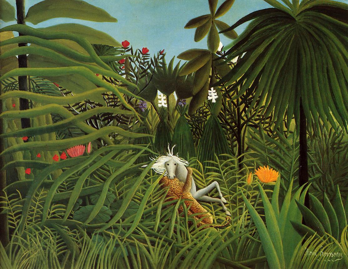 Horse Attacked by  a Jaguar, vintage artwork by Henri Rousseau, 12x8" (A4) Poster