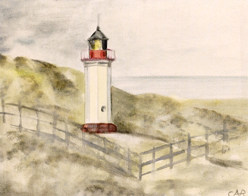 Lighthouse with Fence and Sea, vintage artwork by Anita Ree, 12x8" (A4) Poster