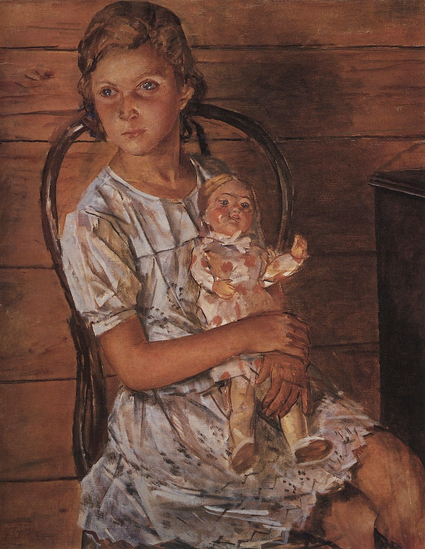 Girl with Doll, vintage artwork by Kuzma Petrov-Vodkin, 12x8" (A4) Poster
