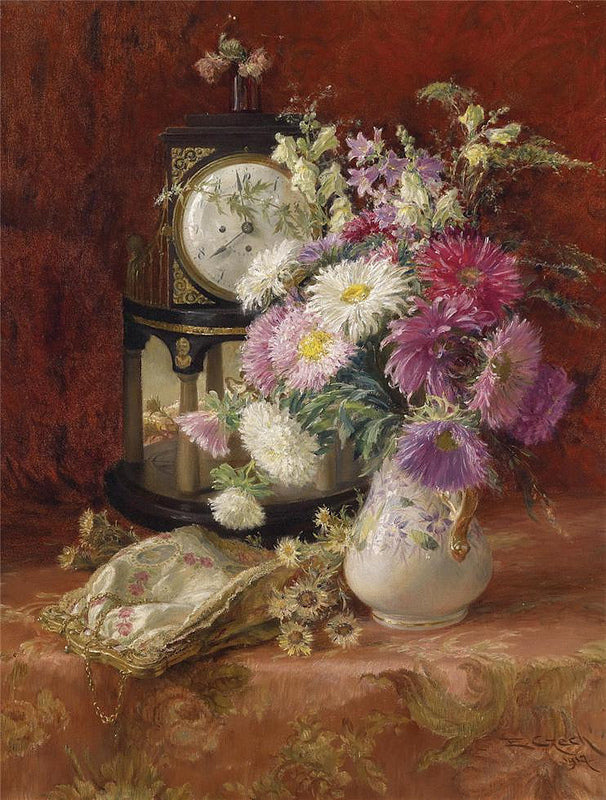 Still life with an Antique Clock, vintage artwork by Emil Czech, 12x8" (A4) Poster