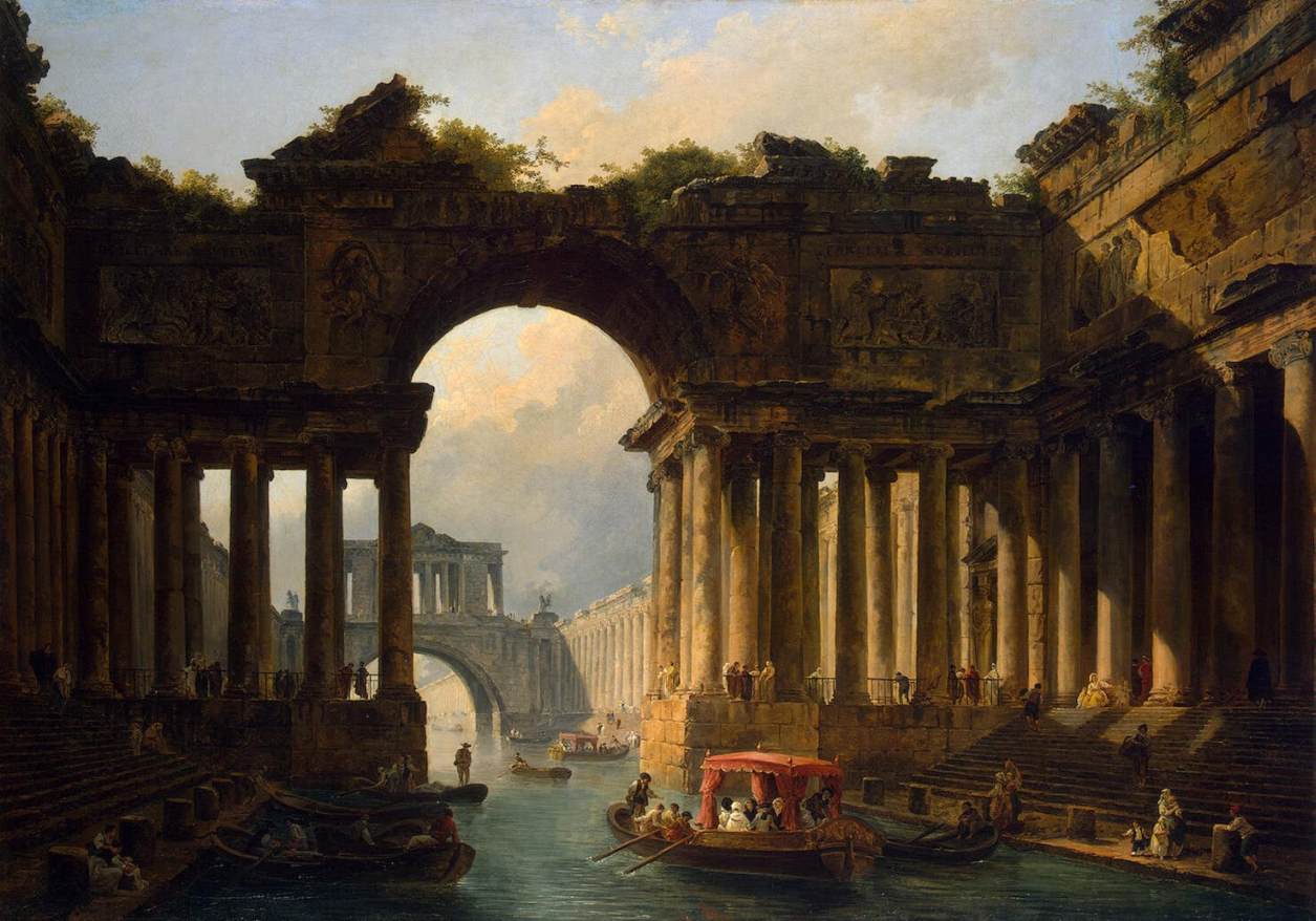 Architectural Landscape with a Canal, vintage artwork by Hubert Robert, 12x8" (A4) Poster