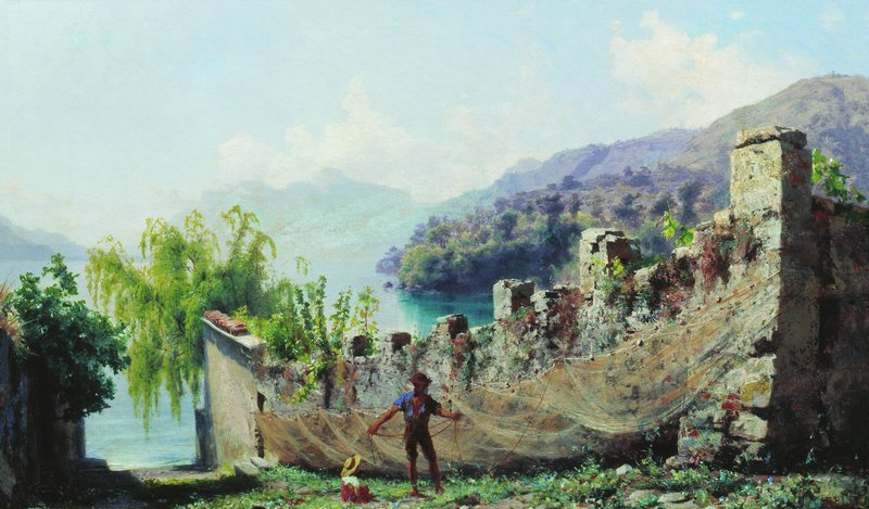 Italian Landscape with Fisherman Drying His Nets, vintage artwork by Fedor Bronnikov, 12x8" (A4) Poster