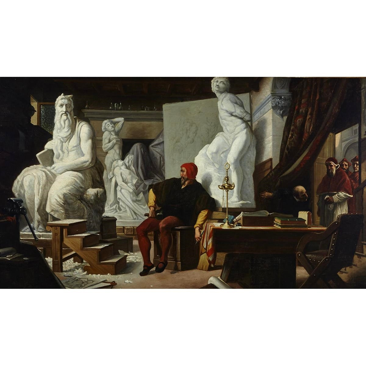Michelangelo in His Studio, Visited by Pope Julius II, vintage artwork by Alexandre Cabanel, 12x8" (A4) Poster