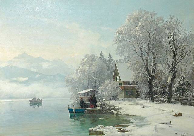 Winter on the Lake, vintage artwork by Anders Anderson-Lundby , 12x8" (A4) Poster