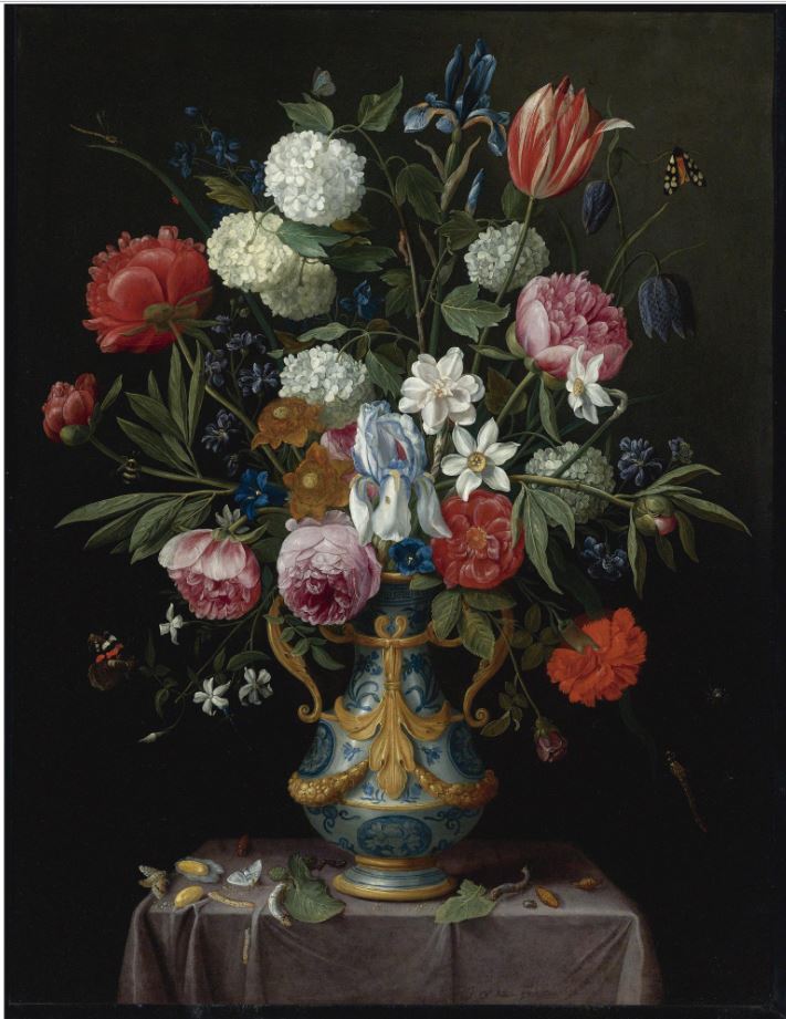 Still life of irises, peonies, narcissi, tulip and other flowers in a blue-and-white porcelain vase, vintage artwork by Jan van Kessel the Elder, 12x8" (A4) Poster