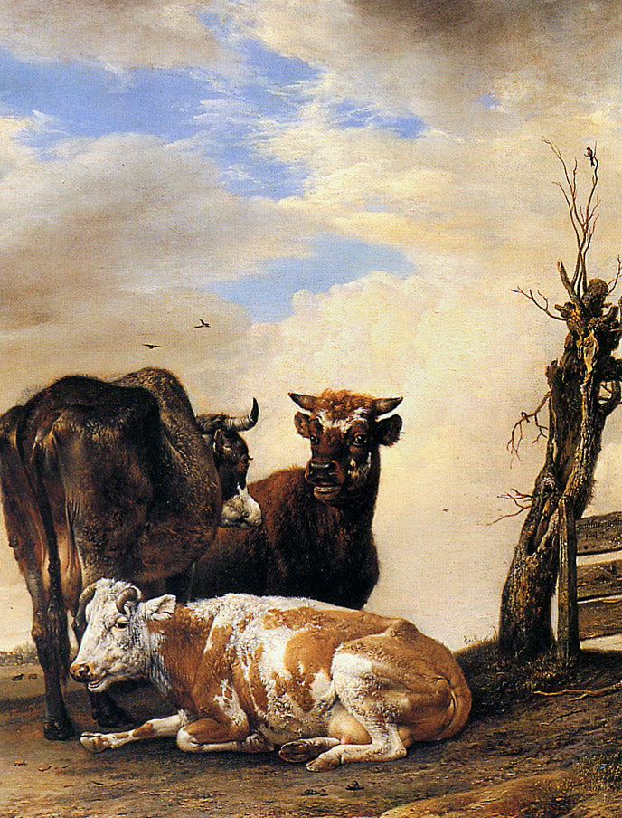 Two Cows and a Bull beside a Fence, vintage artwork by Paulus Potter, 12x8" (A4) Poster