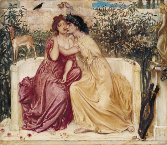 Sappho and Erinna in a Garden at Mytilene, vintage artwork by Simeon Solomon, 12x8" (A4) Poster