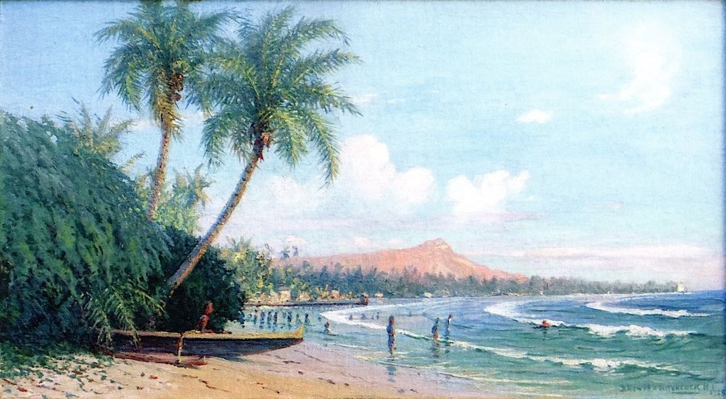 Waikiki Beach, Diamond Head, Oahu, Hawaii, vintage artwork by David Howard Hitchcock, 12x8" (A4) Poster