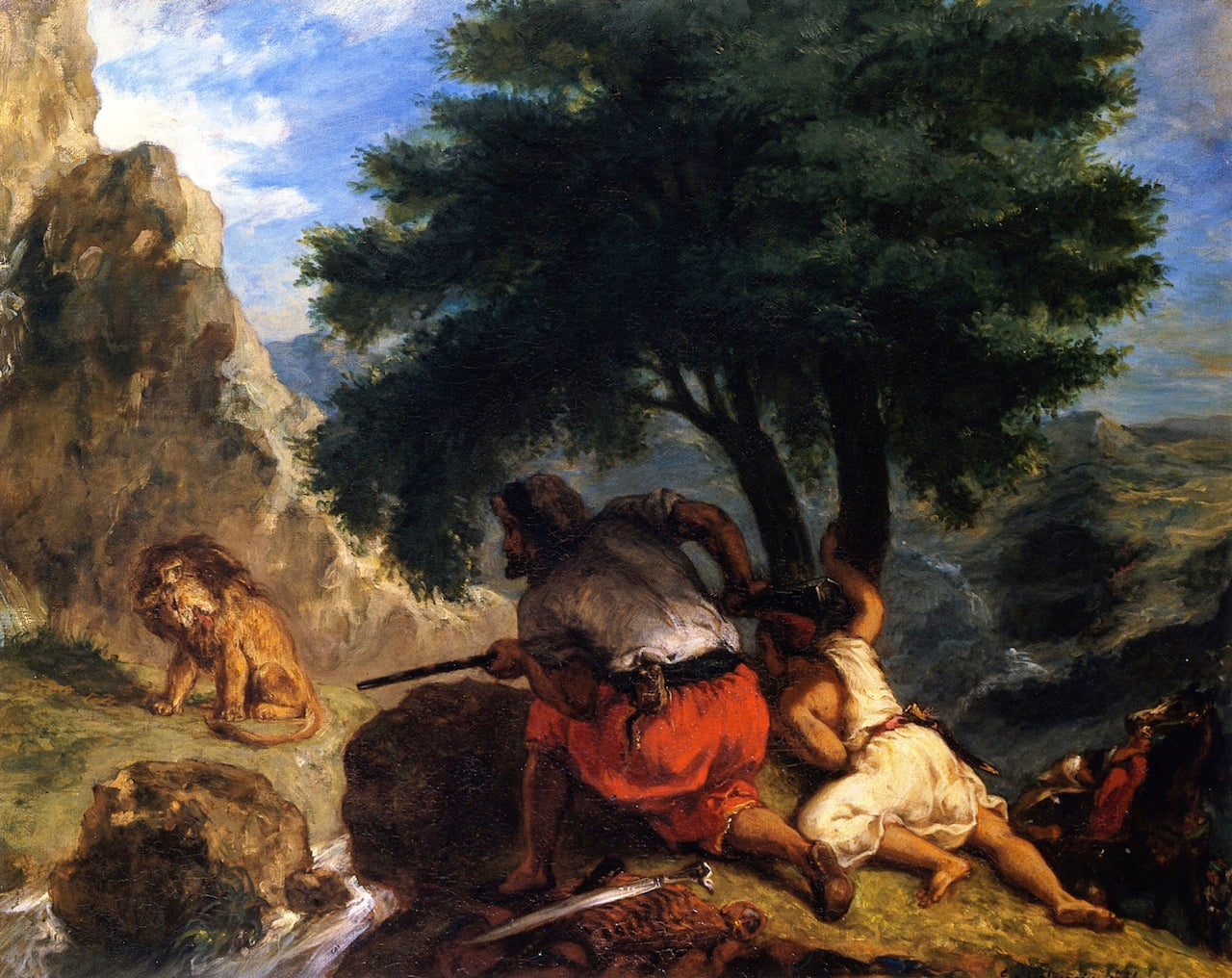 Arabs Stalking a Lion, vintage artwork by Eugène Delacroix, A3 (16x12") Poster Print