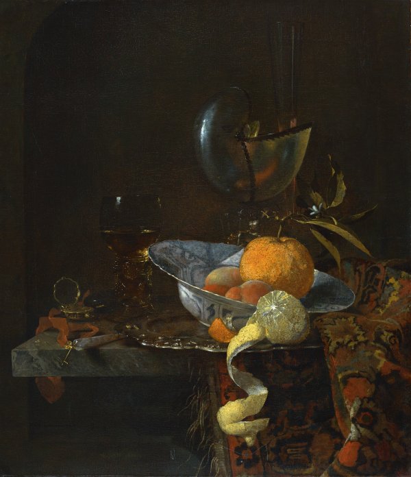 Still Life with Porcelain Bowl and Nautilus Cup, vintage artwork by Willem Kalf, 12x8" (A4) Poster
