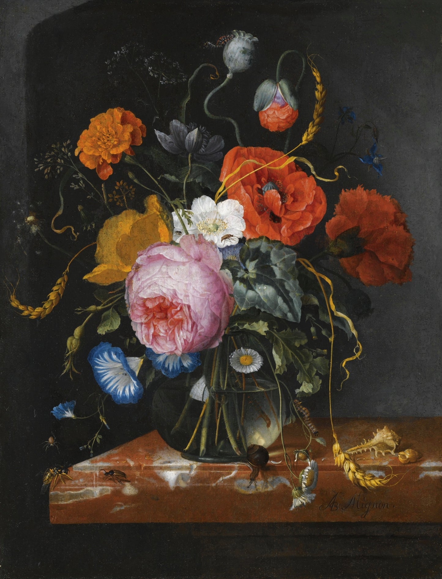 Still Life with Flowers in a Glass Vase on a Marble Ledge, vintage artwork by Jacob van Walscapelle, 12x8" (A4) Poster