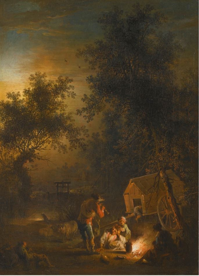 A landscape with travellers at night resting by a roadside fire, vintage artwork by Johann Conrad Seekatz, 12x8" (A4) Poster