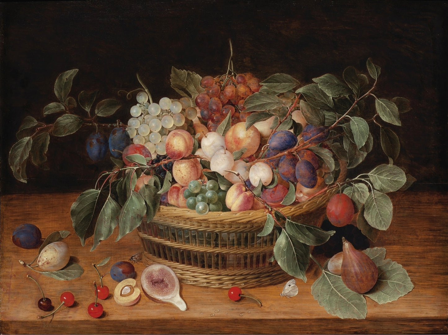 Still Life with Peaches, Plums and Grapes in a Basket on a Ledge, vintage artwork by Jacob van Hulsdonck, 12x8" (A4) Poster