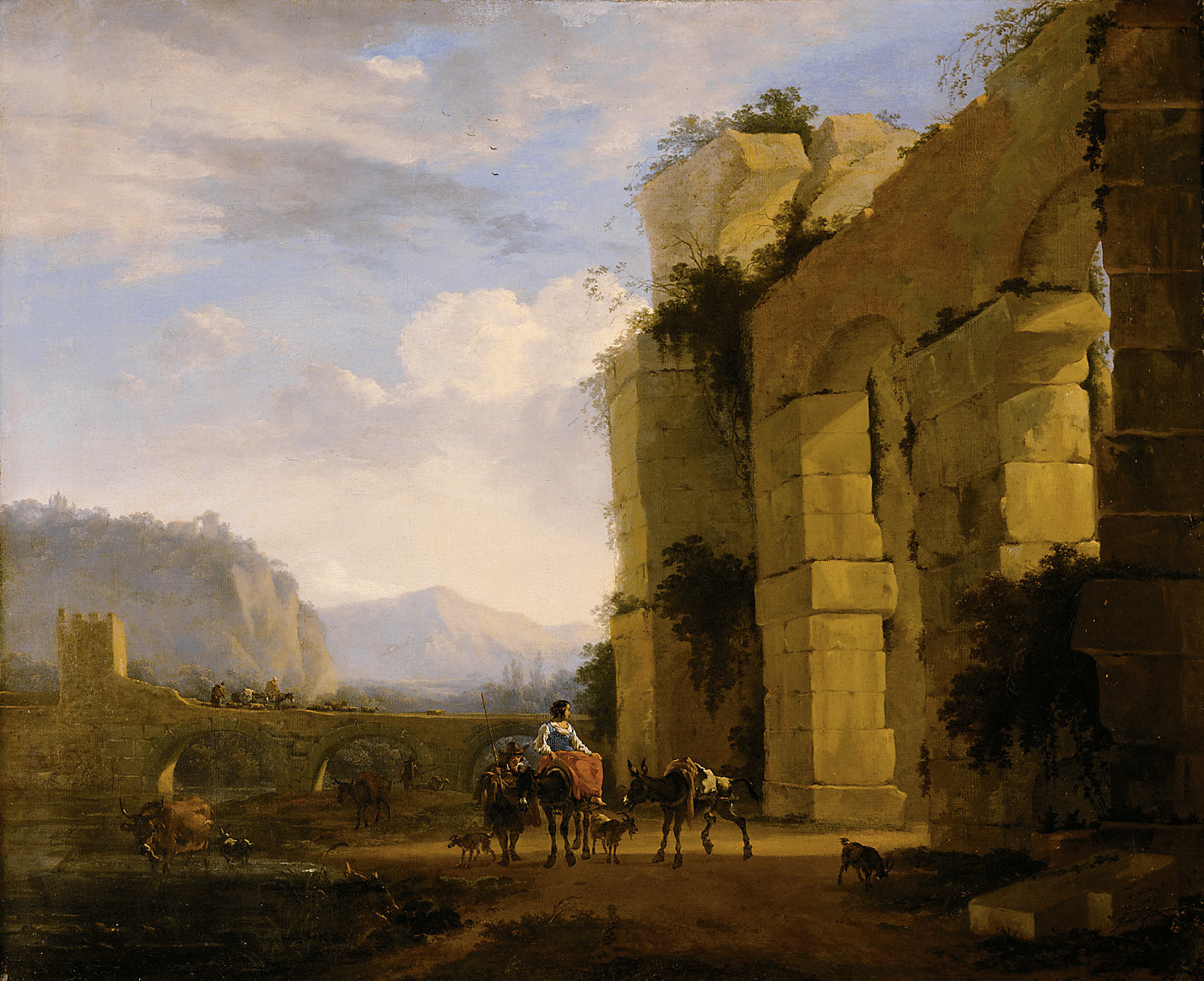 Italian Landscape with Aqueduct, vintage artwork by Nicolaes Berchem, 12x8" (A4) Poster