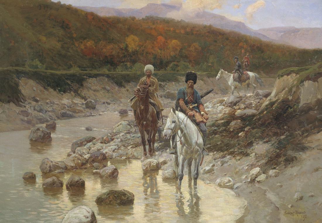 Cossacks in a Mountain Stream, vintage artwork by Franc Alekseevich Rubo, 12x8" (A4) Poster