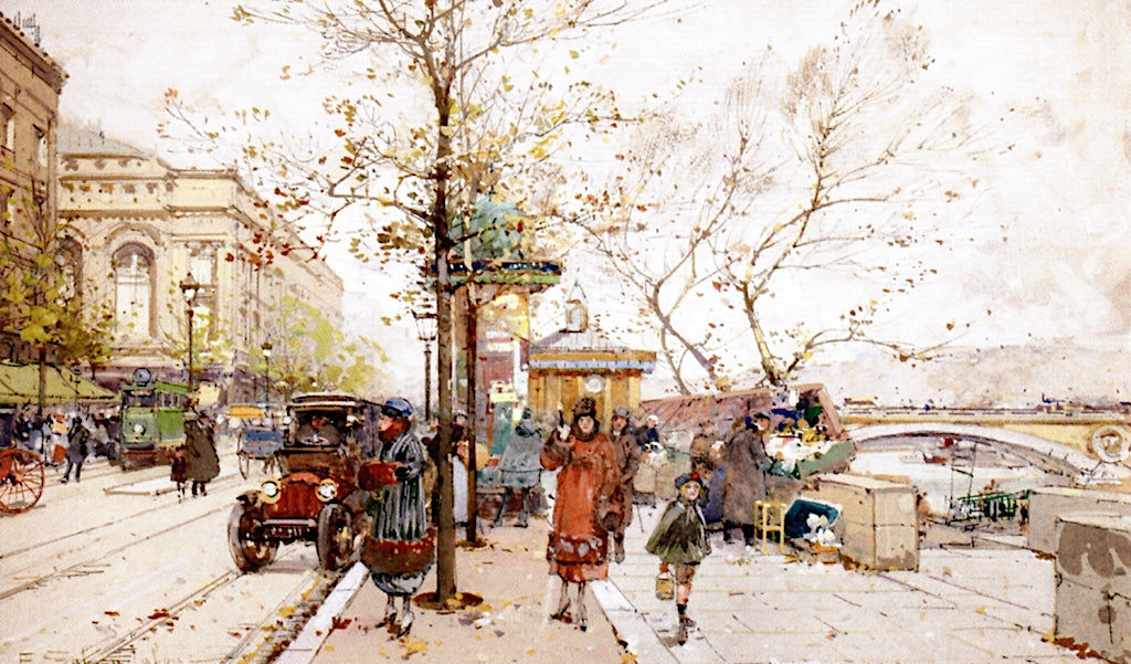 A Busy Day of the Quay Megisserie with the Sarah-Bernhardt Theater, Paris, vintage artwork by Eugene Galien-Laloue, 12x8" (A4) Poster
