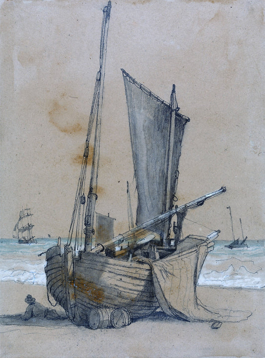 Fishing Boat on the Beach with a Brig at Sea, vintage artwork by Samuel Prout, 12x8" (A4) Poster