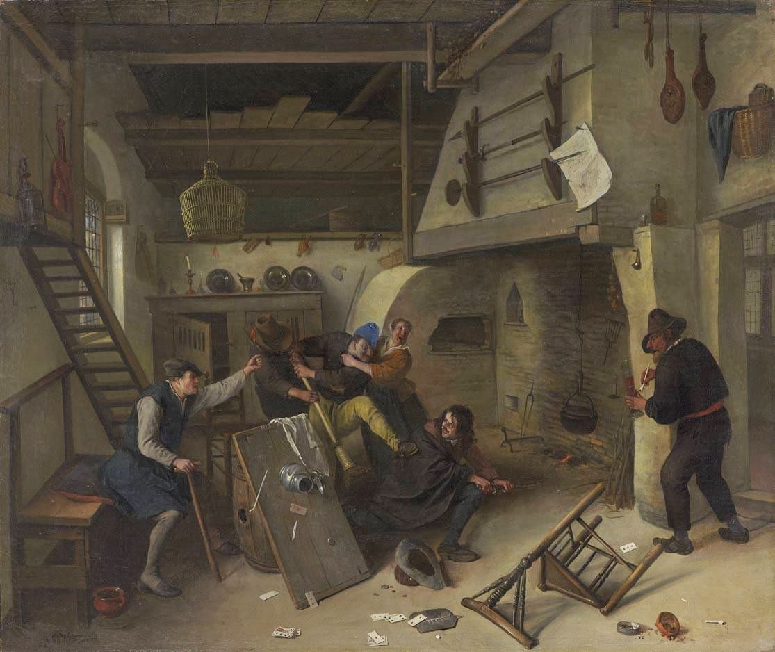 A Brawl among Cardplayers in a Tavern, vintage artwork by Jan Havicksz. Steen, 12x8" (A4) Poster