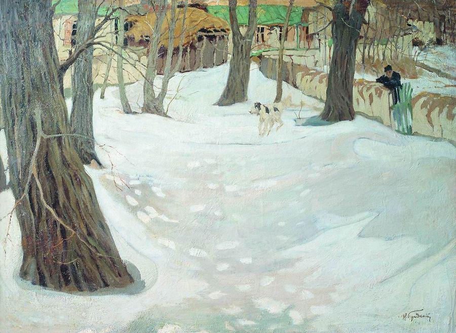 Winter Landscape with House and Dog, vintage artwork by Isaak Brodsky, 12x8" (A4) Poster