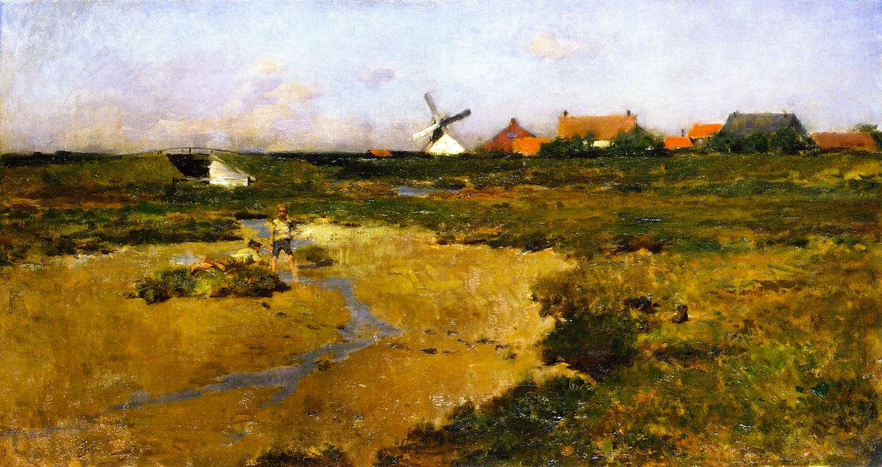 Boys Hunting Crabs, September Morning, Soffolk Coast, England, vintage artwork by Willard Leroy Metcalf, 12x8" (A4) Poster