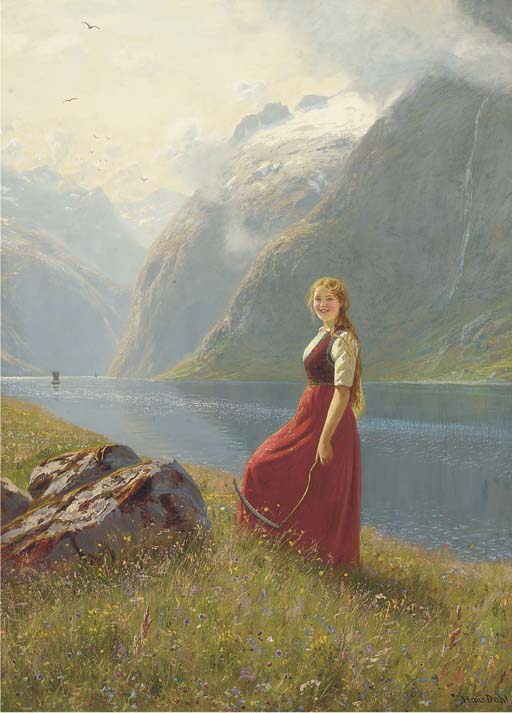 A young harvester at a sunlit fjord, vintage artwork by Hans Dahl, 12x8" (A4) Poster