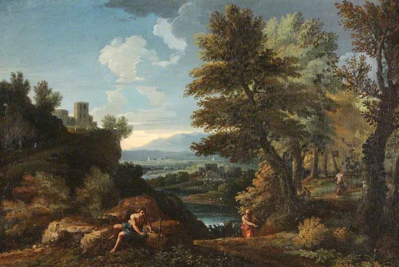 Landscape with Travellers and a Distant River Valley, vintage artwork by Gaspard Dughet, 12x8" (A4) Poster