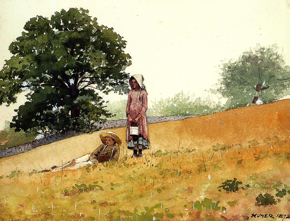 Boy and Girl on a Hillside, vintage artwork by Winslow Homer, 12x8" (A4) Poster