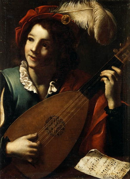 Lute musician, vintage artwork by Italian School 17th Century - Unknown, 12x8" (A4) Poster