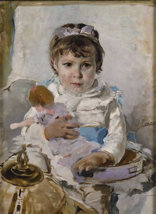 Girl with Doll, vintage artwork by Ignacio Pinazo Camarlench, 12x8" (A4) Poster