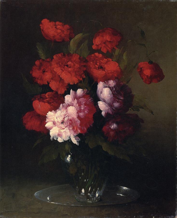 Peonies and Poppies in a Glass Vase, vintage artwork by Theodule-Augustin Ribot, 12x8" (A4) Poster