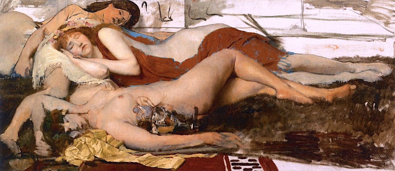 Exhausted Maenides after the Dance (unfinished), vintage artwork by Sir Lawrence Alma-Tadema, 12x8" (A4) Poster