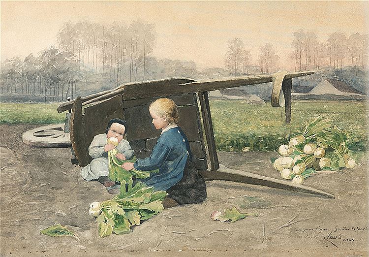 Children Eating Turnips, vintage artwork by Emile Claus, 12x8" (A4) Poster