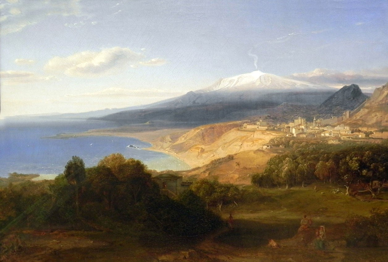 Taormina with Mt Etna, vintage artwork by Carl Rottmann, A3 (16x12") Poster Print