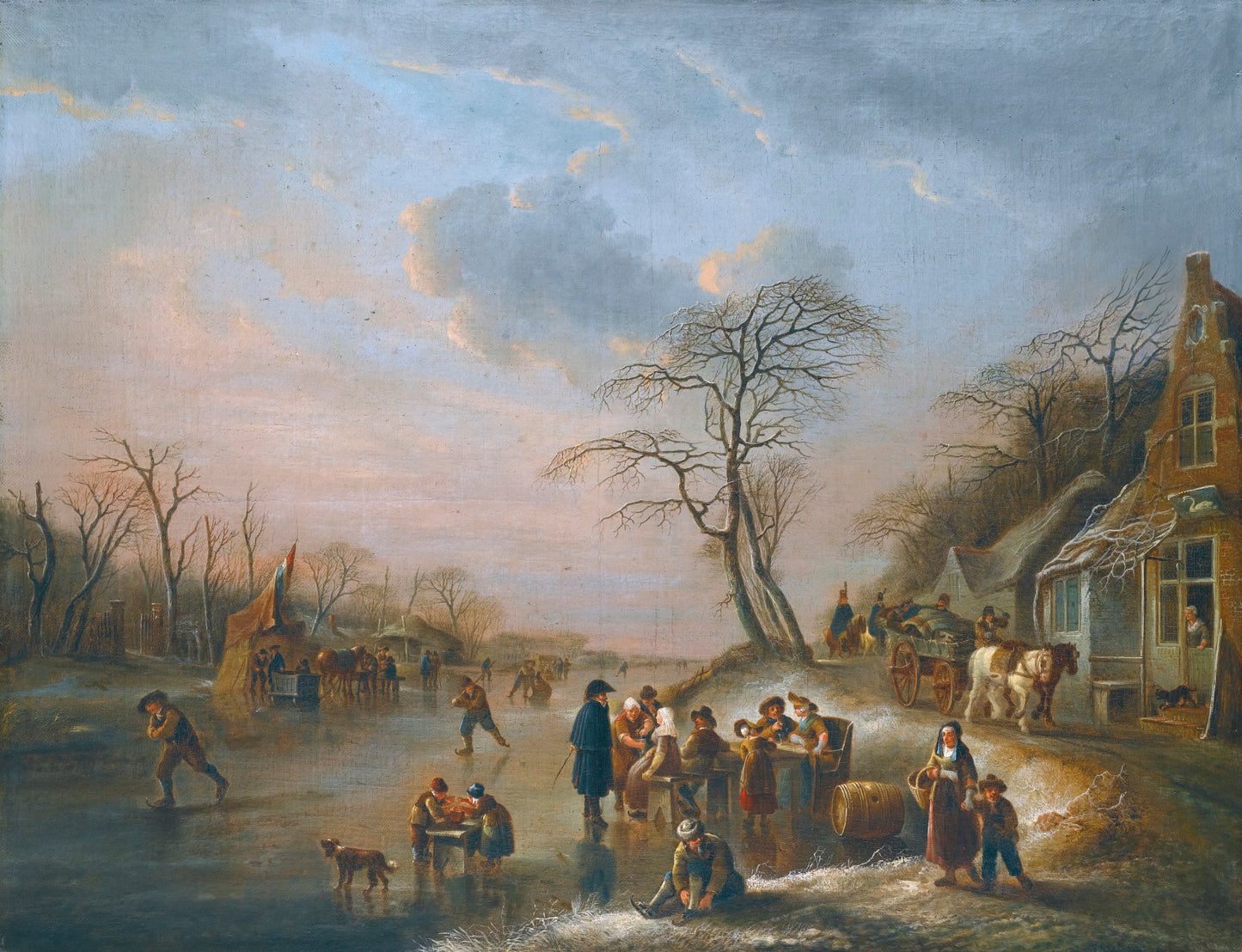 A winter landscape with figures seated outside a tavern on the frozen river, vintage artwork by Andries Vermeulen, 12x8" (A4) Poster