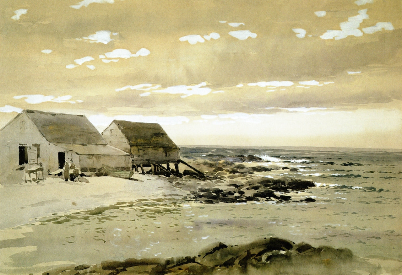 Fish Houses, Fish Beach, Monhegan Island, vintage artwork by Samuel P. R. Triscott, 12x8" (A4) Poster