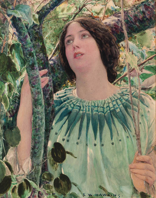 A Young Girl in a Wood, vintage artwork by Louis Welden Hawkins, 12x8" (A4) Poster