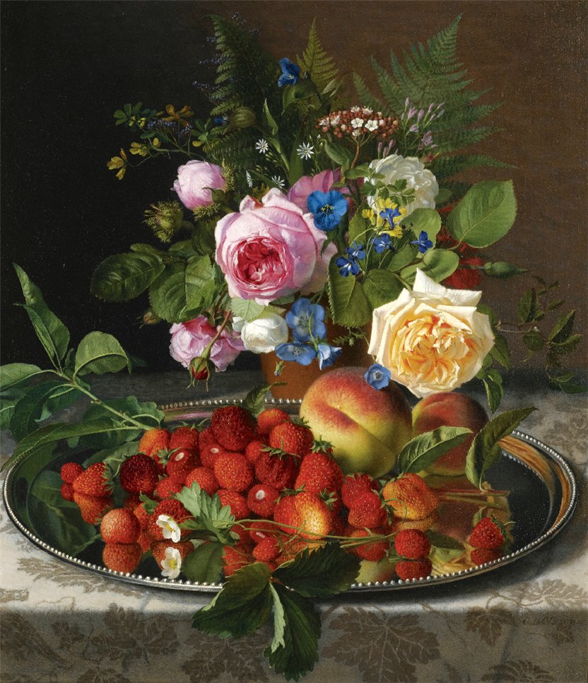 Still life with roses and strawberries on a silver salver, vintage artwork by Otto Didrik Ottesen, A3 (16x12") Poster Print