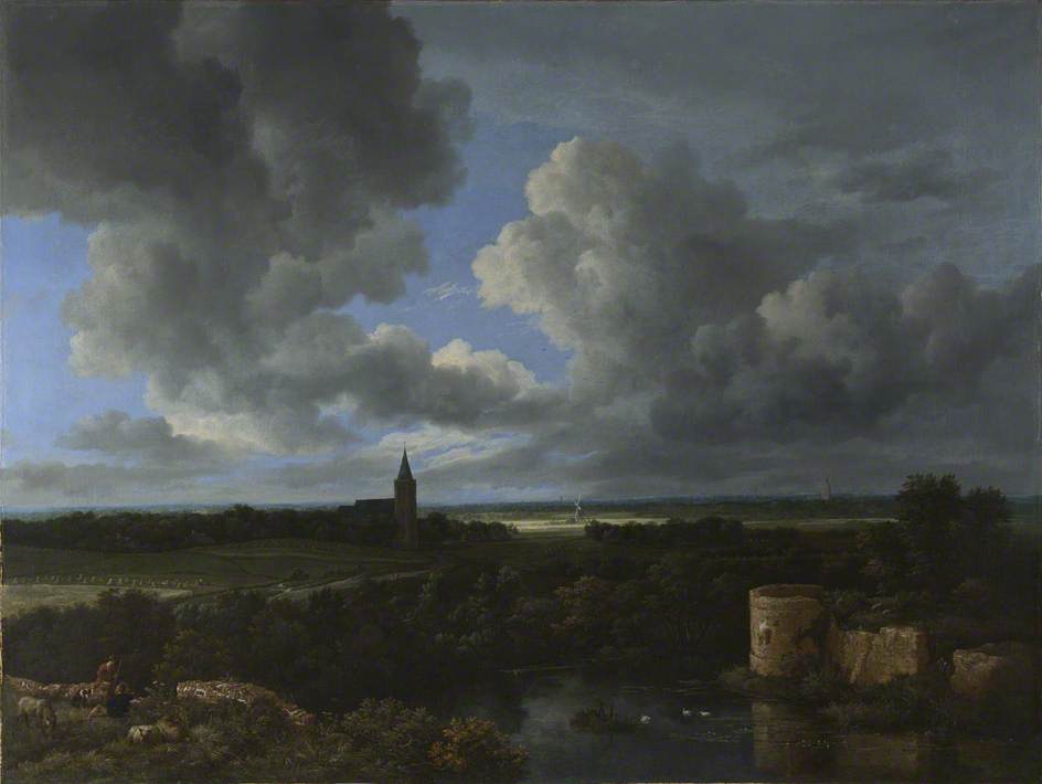 Landscape with a Ruined Castle and a Church, vintage artwork by Jacob van Ruisdael, 12x8" (A4) Poster