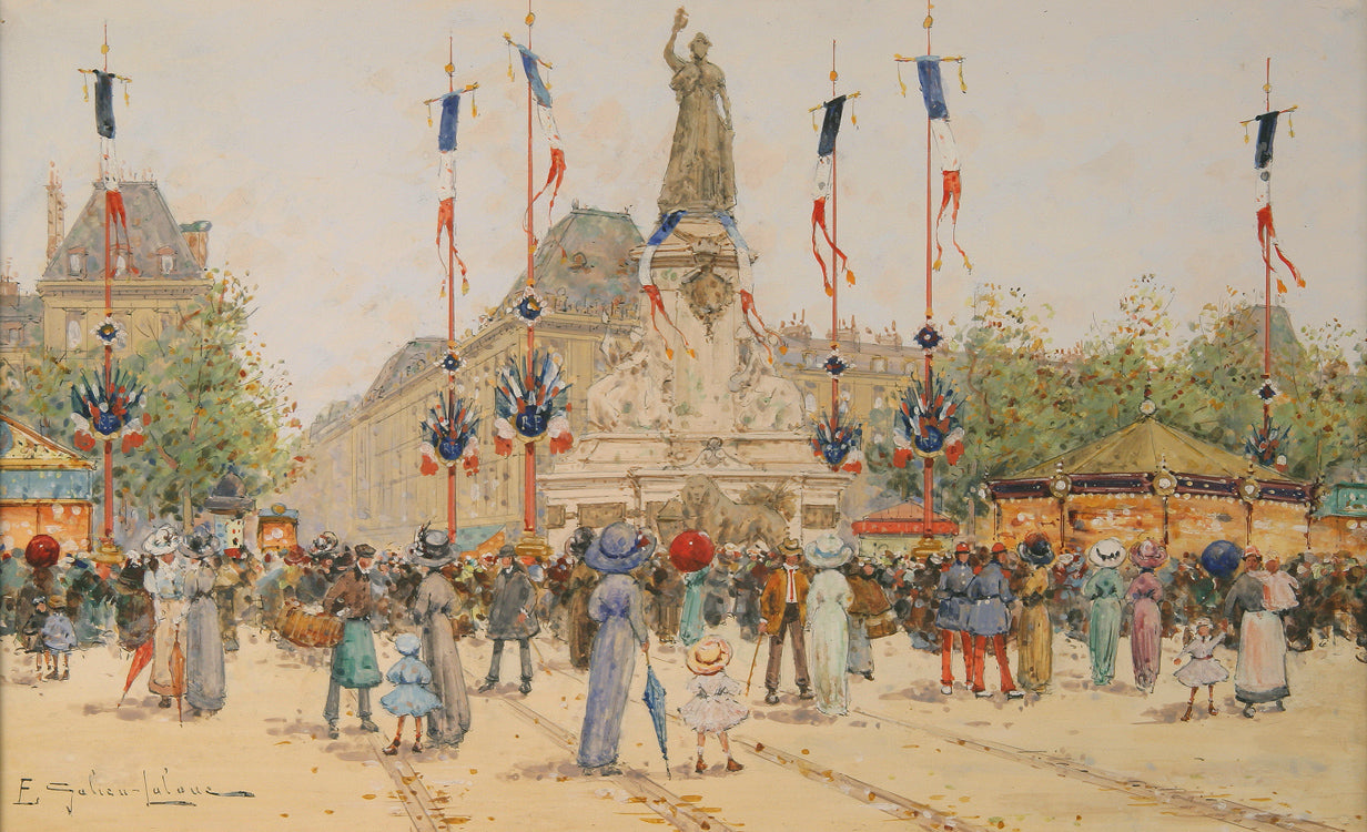 Un 14 Juillet, Place de la Republique, vintage artwork by Eugene Galien-Laloue, 12x8" (A4) Poster