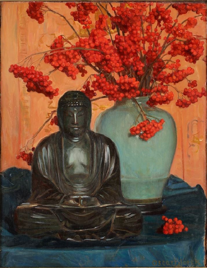 Still Life with Buddha Statue and Rowan Twigs in a Vase., vintage artwork by Oscar Gustaf Bjorck, 12x8" (A4) Poster