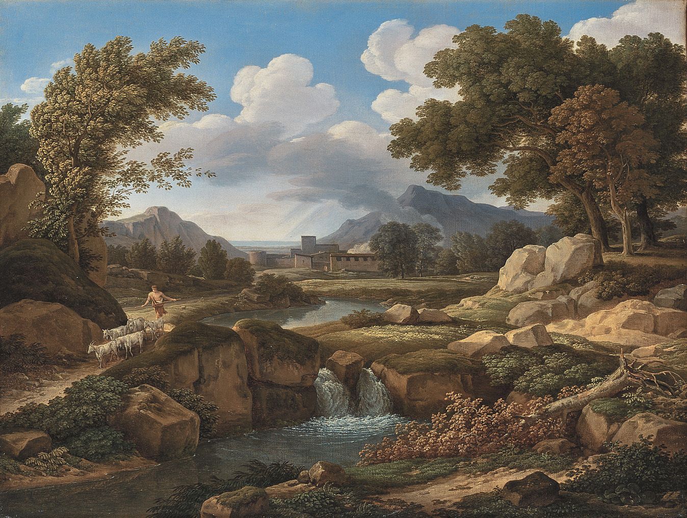 Landscape with Shepherd and Goats, vintage artwork by Johann Christian Reinhart, 12x8" (A4) Poster