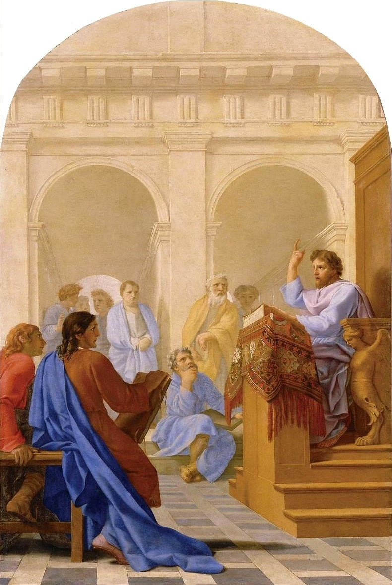 Life of Saint Bruno, Saint Bruno Teaching Theology in the School at Reims, vintage artwork by Eustache Le Sueur, 12x8" (A4) Poster