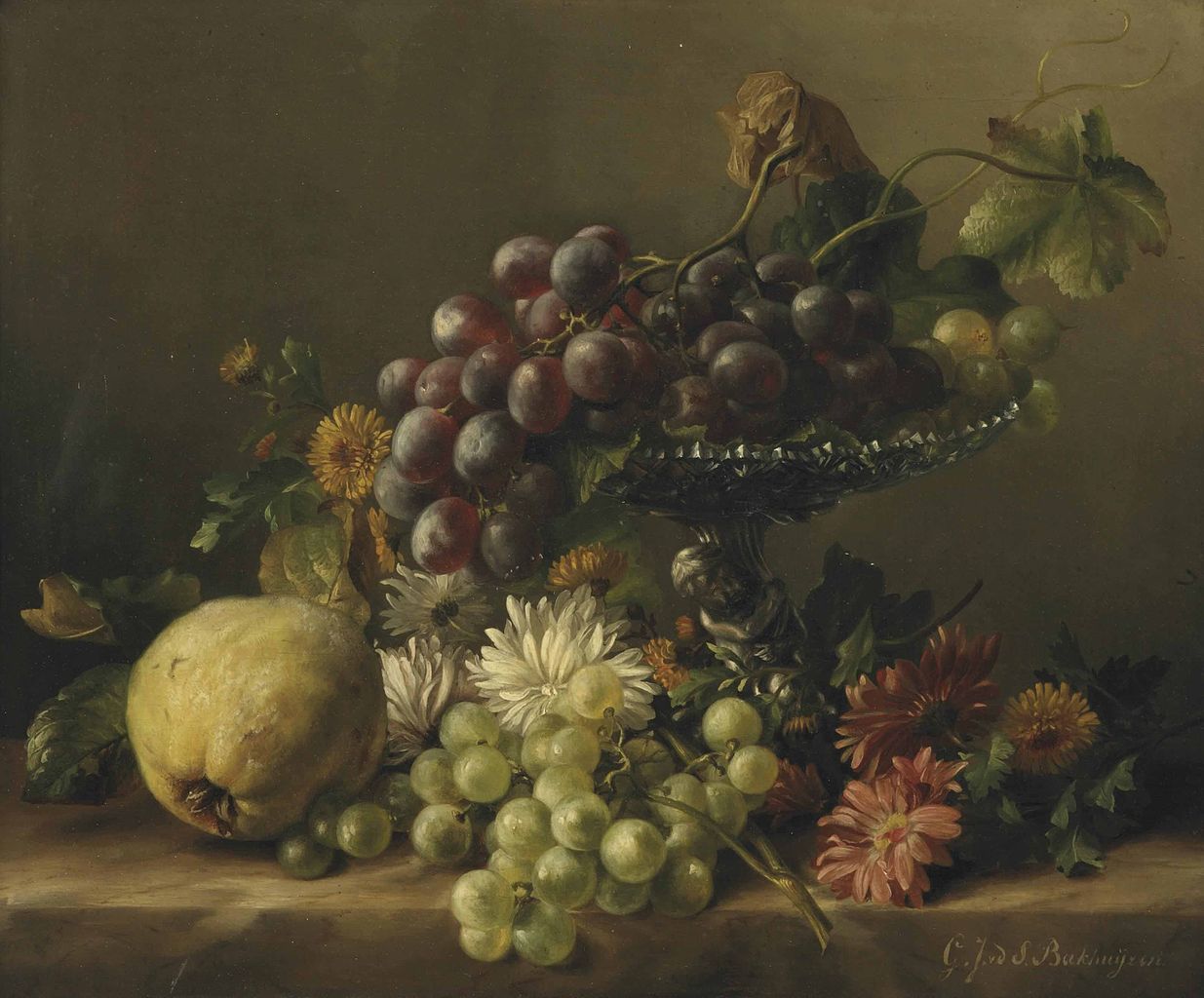 A quince, dandelions, daisies, dahlia's, and a plateau with grapes, all on a ledge, vintage artwork by Geraldine Jacoba van de Sande Bakhuyzen, 12x8" (A4) Poster