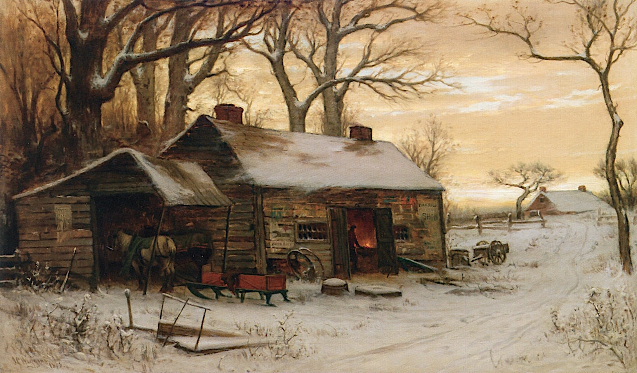 Winter Evening at the Forge, vintage artwork by John Carleton Wiggins, 12x8" (A4) Poster