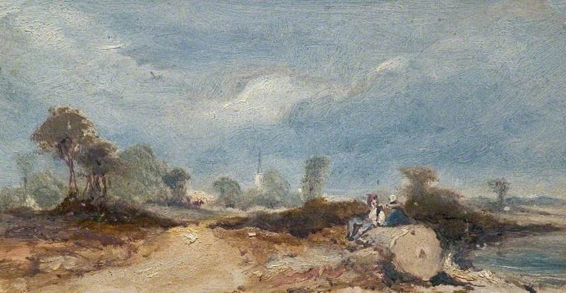 Rural Landscape with Figures and a Church, vintage artwork by Claude T. Stanfield Moore, 12x8" (A4) Poster