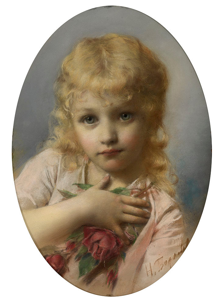 Portrait of a Girl with Roses, vintage artwork by Nikolai Bodarevsky, 12x8" (A4) Poster