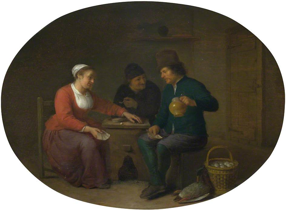 A Woman Playing Cards with Two Peasants, vintage artwork by Hendrik Martensz. Sorgh, 12x8" (A4) Poster