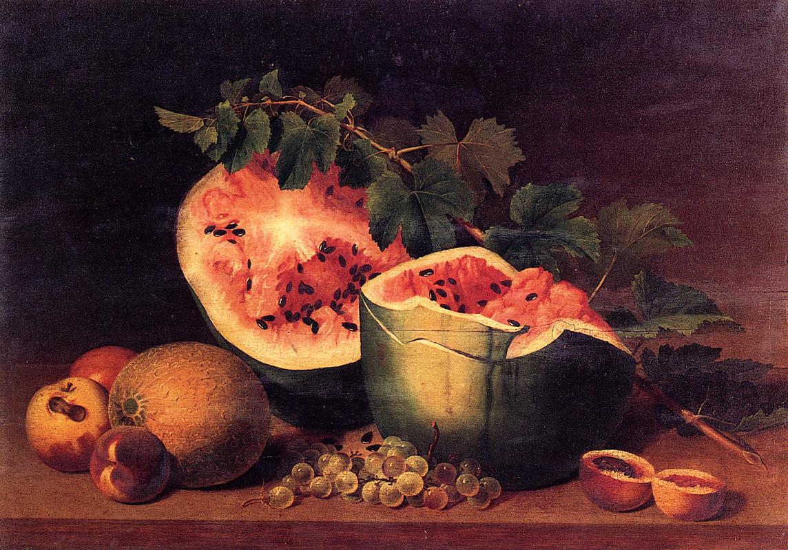 Still Life with Broken Watermelon, vintage artwork by James Peale, 12x8" (A4) Poster