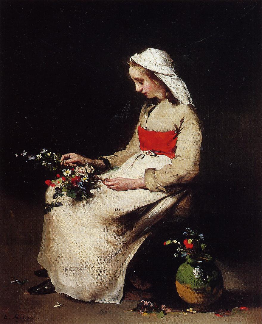 Girl Arranging a Vase of Flowers, vintage artwork by Theodule-Augustin Ribot, 12x8" (A4) Poster