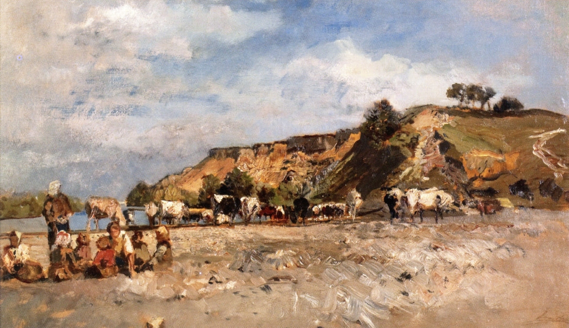 Cows on the Danube near Haslau, vintage artwork by Emil Jacob Schindler, 12x8" (A4) Poster
